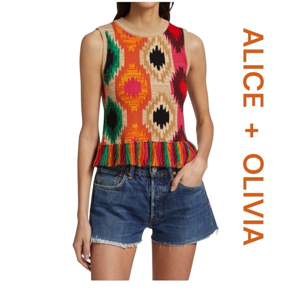 ALICE + OLIVIA Reva Print Fringe Peplum Tank Top, Size S. - Picture 1 of 12
